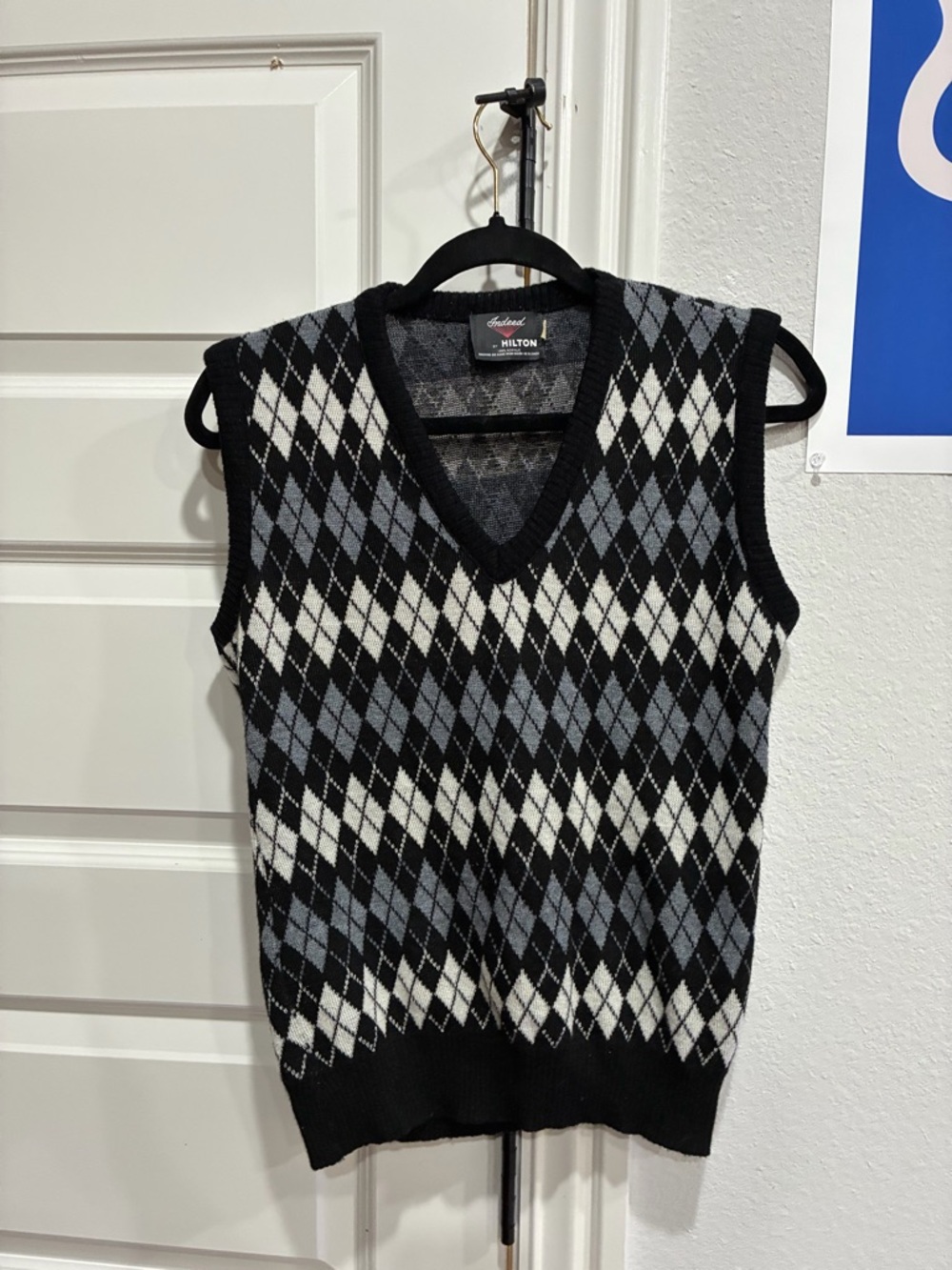 Milton Men’s V-Neck Argyle Sweater Vest in Black, Gray & White 80’s 90’s